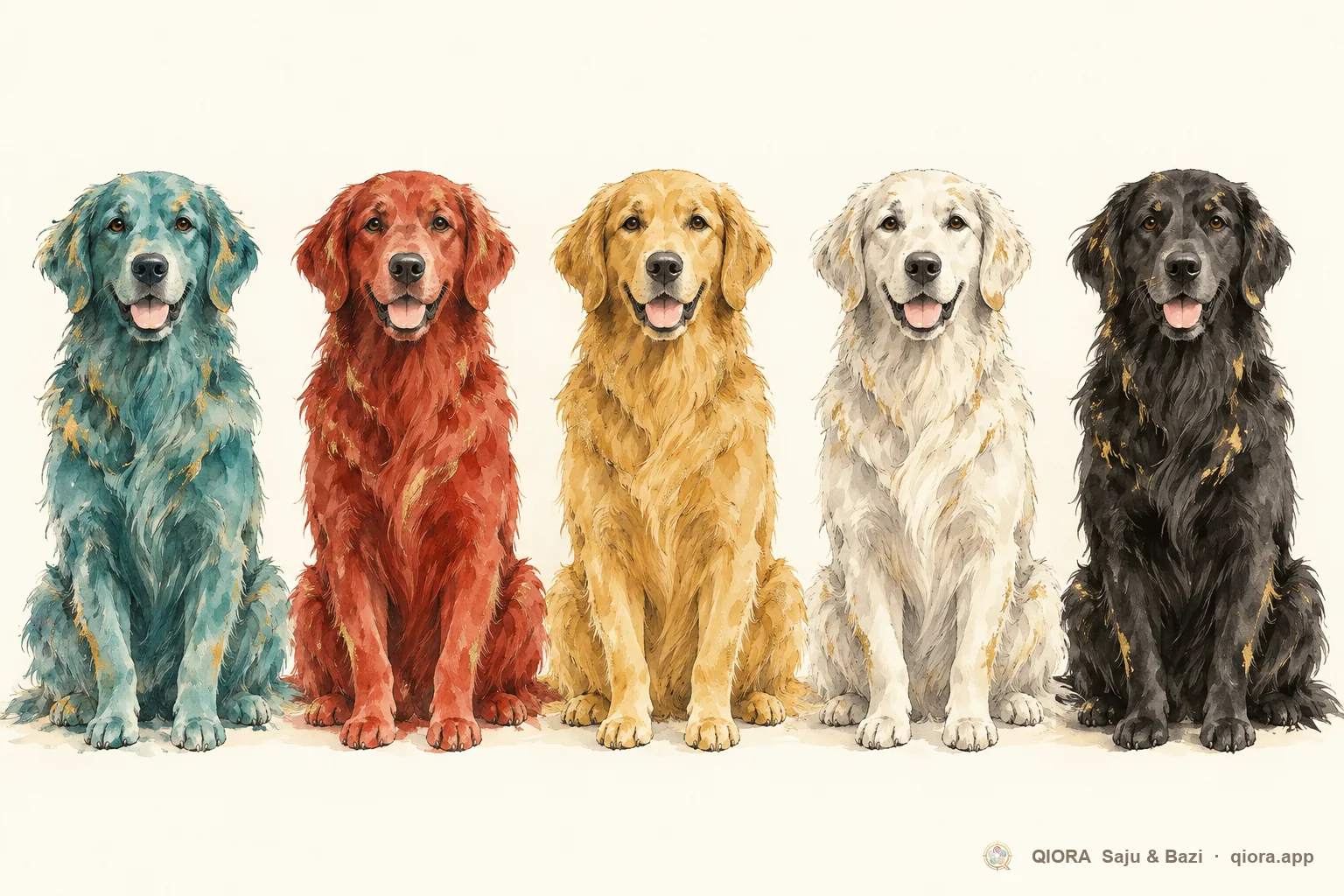 The same dog painted in five element colors: teal Wood, red Fire, gold Earth, white Metal and black Water