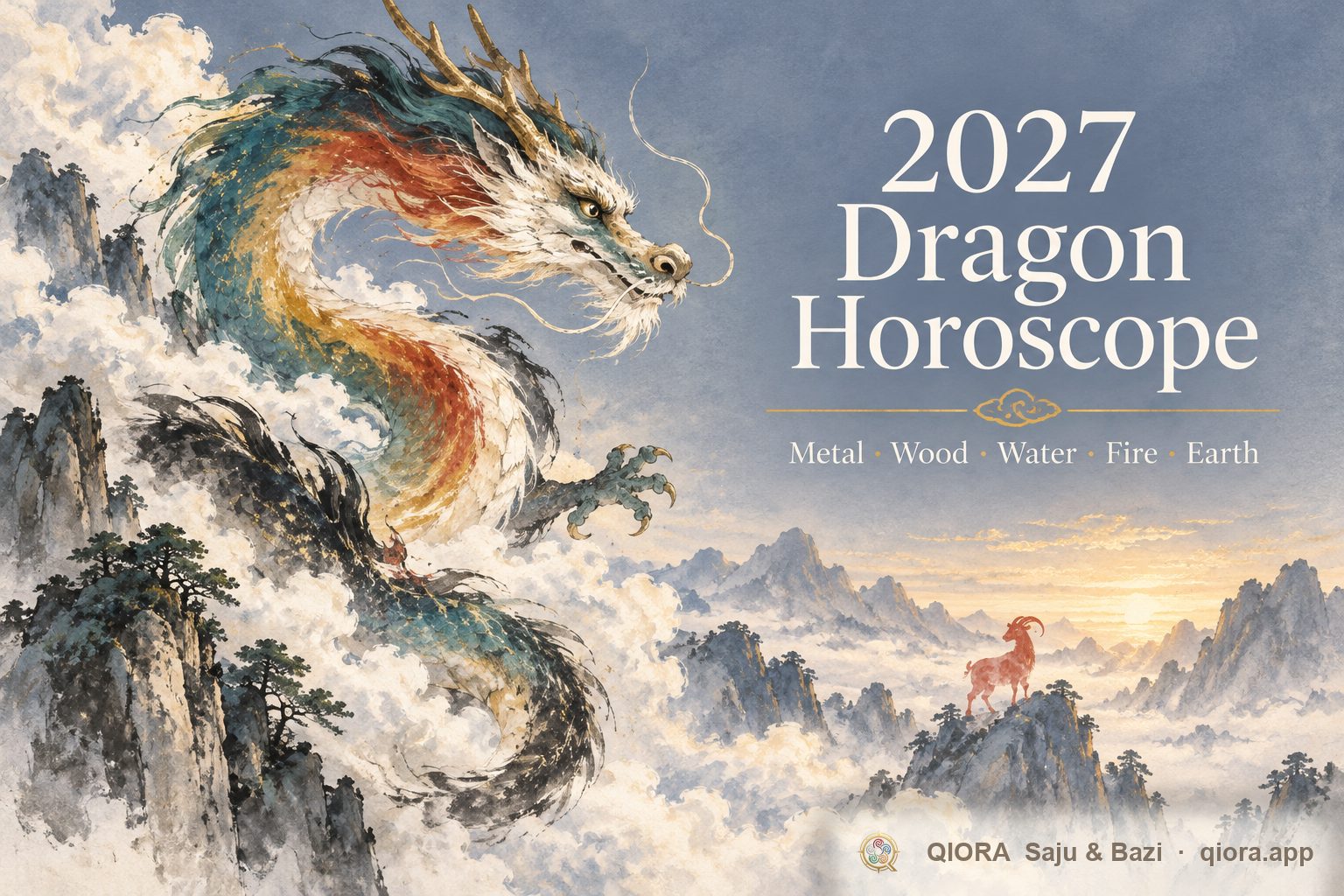 2027년 용띠 운세. 다섯 오행 색이 섞인 용와 먼 산의 붉은 양