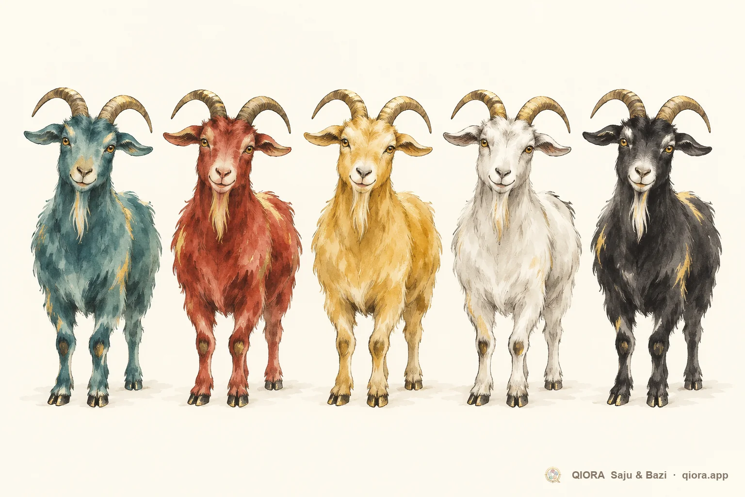The same goat painted in five element colors: teal Wood, red Fire, gold Earth, white Metal and black Water