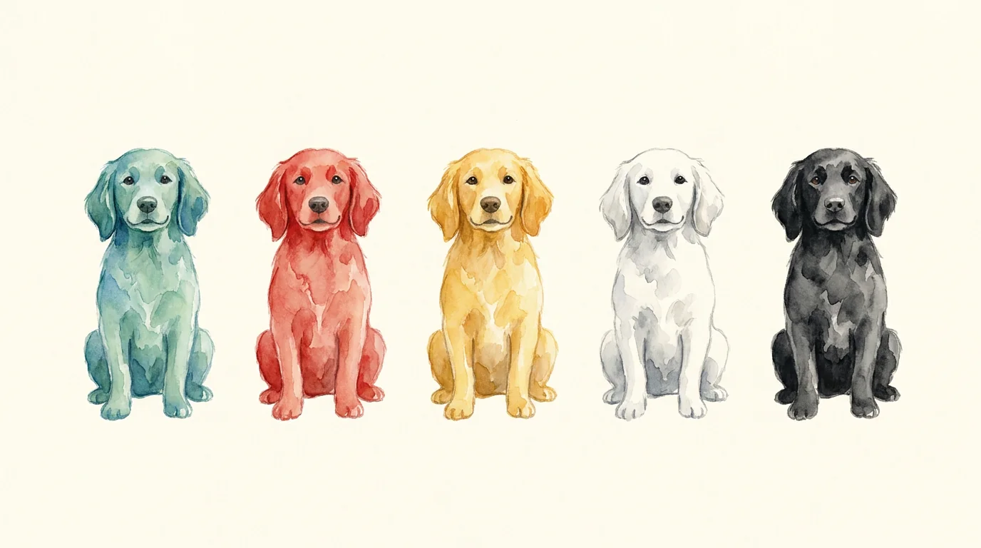 The same dog in five elements: blue-green Wood, red Fire, golden Earth, white Metal, black Water