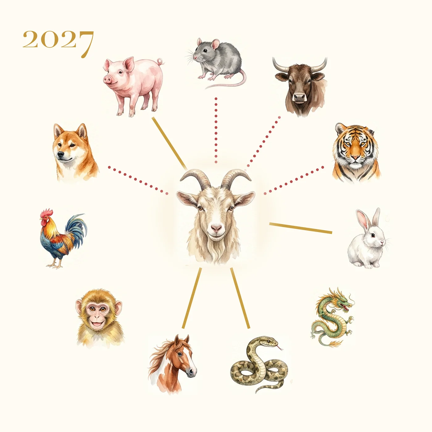 The 2027 Goat at the center of the twelve signs, gold lines to good matches and dotted lines to clashes