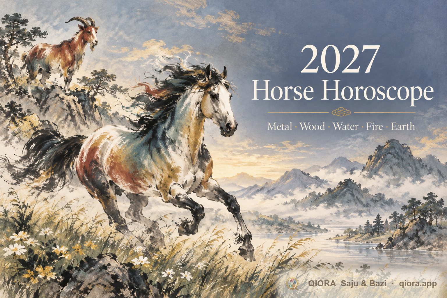 2027 Horse horoscope: an ink-wash horse with five-colored fur and a red goat on distant hills