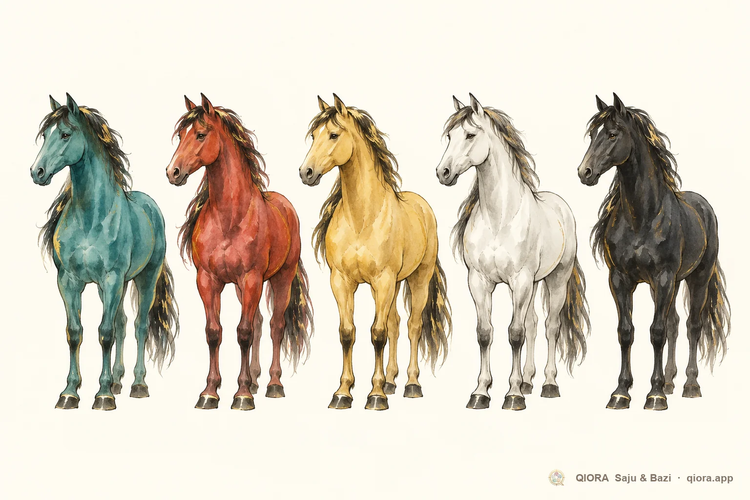 The same horse painted in five element colors: teal Wood, red Fire, gold Earth, white Metal and black Water