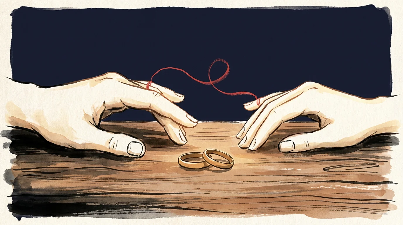 붉은 실로 이어진 두 손과 결혼반지 한 쌍