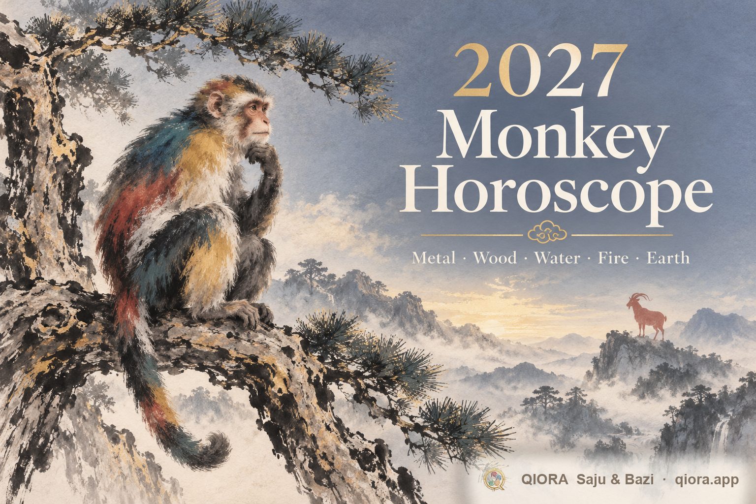 2027 Monkey horoscope: an ink-wash monkey with five-colored fur and a red goat on distant hills