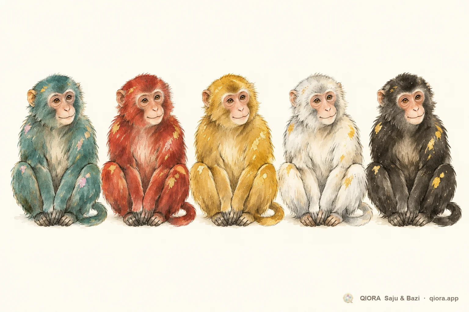 The same monkey painted in five element colors: teal Wood, red Fire, gold Earth, white Metal and black Water