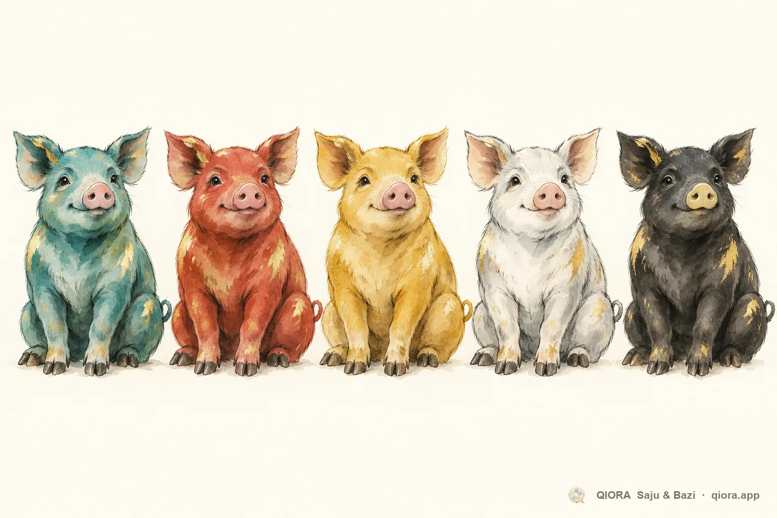 The same pig painted in five element colors: teal Wood, red Fire, gold Earth, white Metal and black Water