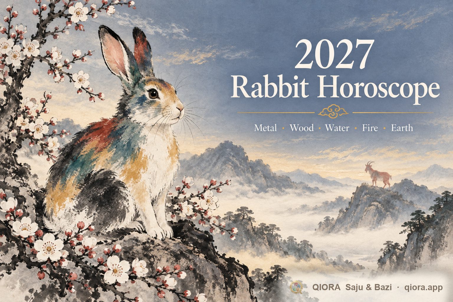 2027 Rabbit horoscope: an ink-wash rabbit with five-colored fur and a red goat on distant hills