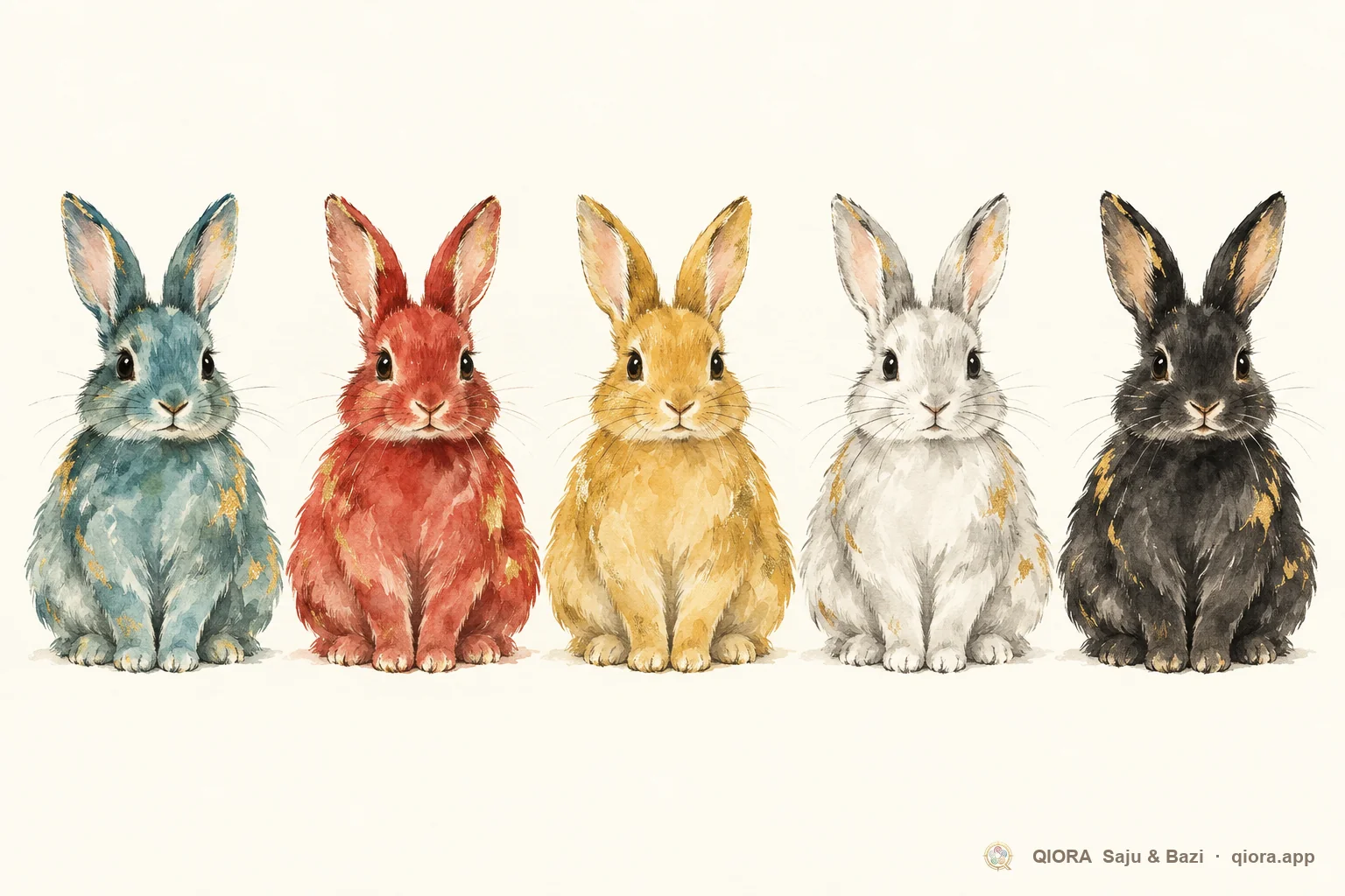 The same rabbit painted in five element colors: teal Wood, red Fire, gold Earth, white Metal and black Water