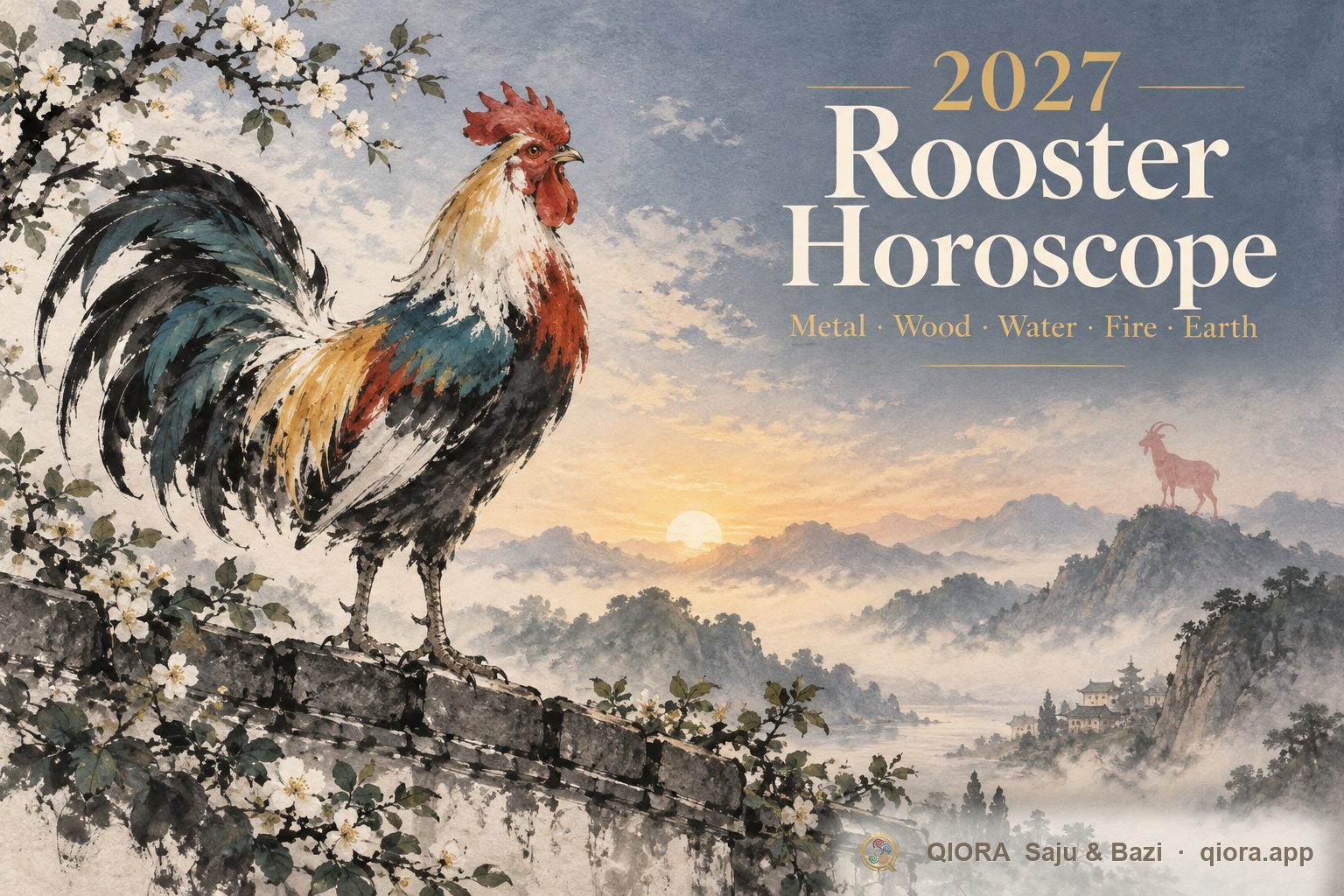 2027 Rooster horoscope: an ink-wash rooster with five-colored fur and a red goat on distant hills