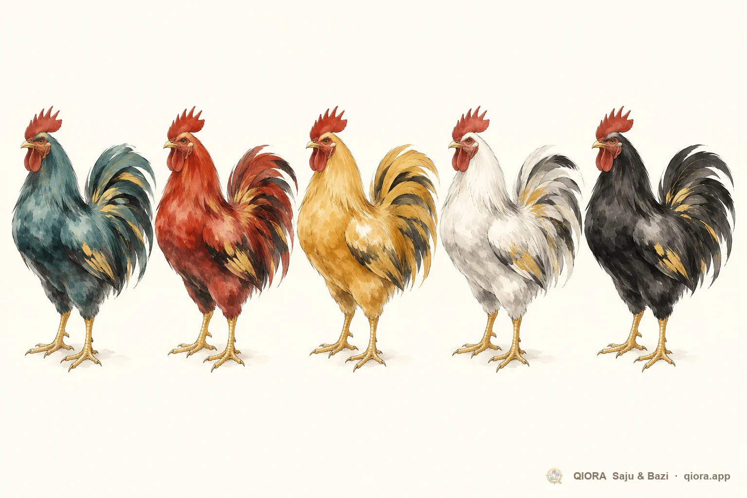 The same rooster painted in five element colors: teal Wood, red Fire, gold Earth, white Metal and black Water