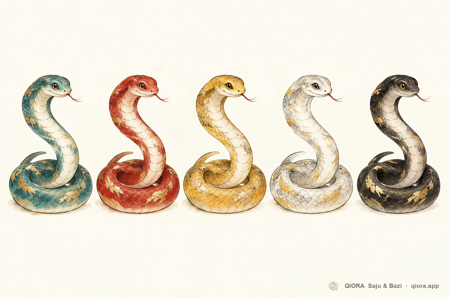 The same snake painted in five element colors: teal Wood, red Fire, gold Earth, white Metal and black Water