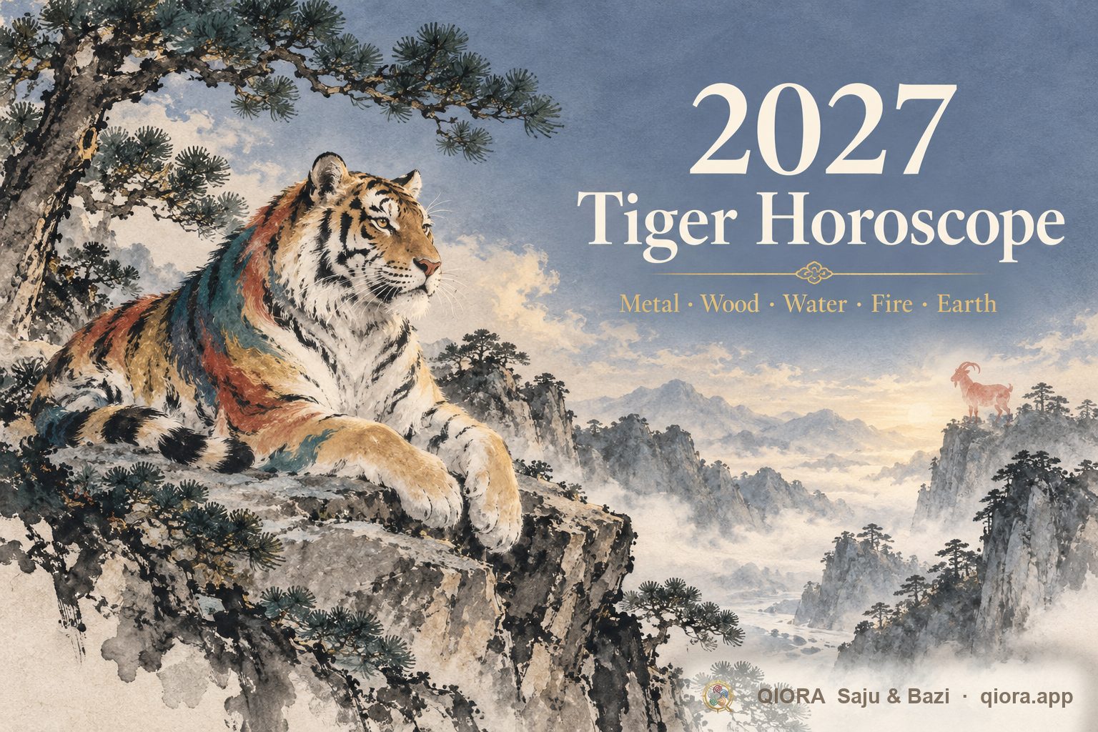 2027 Tiger horoscope: an ink-wash tiger with five-colored fur and a red goat on distant hills