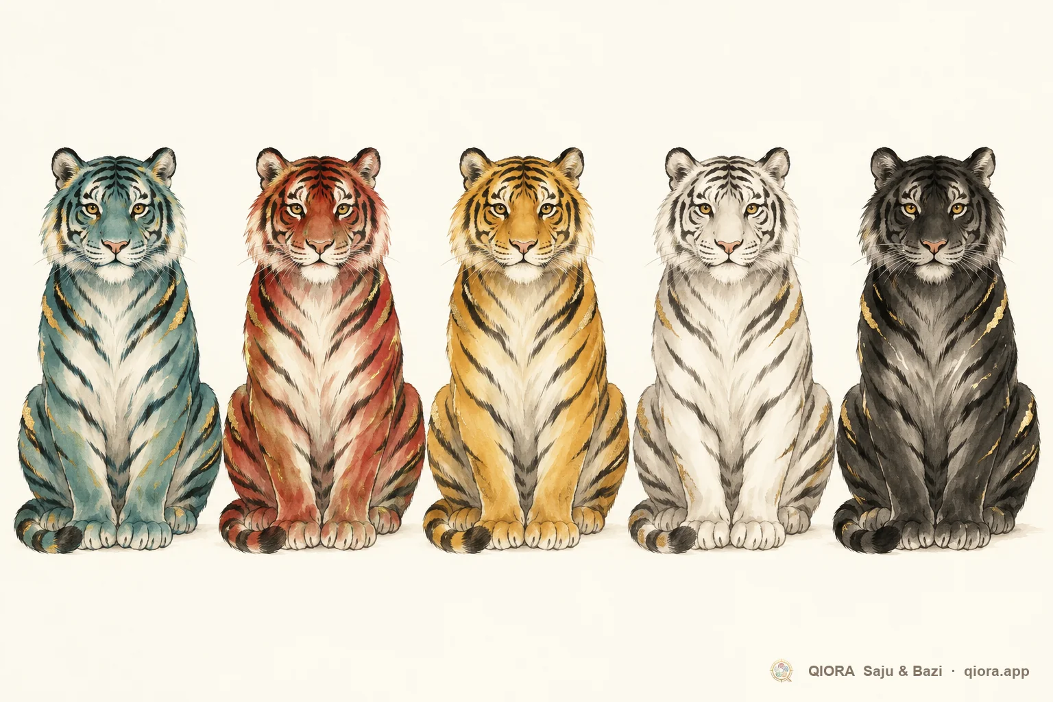 The same tiger painted in five element colors: teal Wood, red Fire, gold Earth, white Metal and black Water