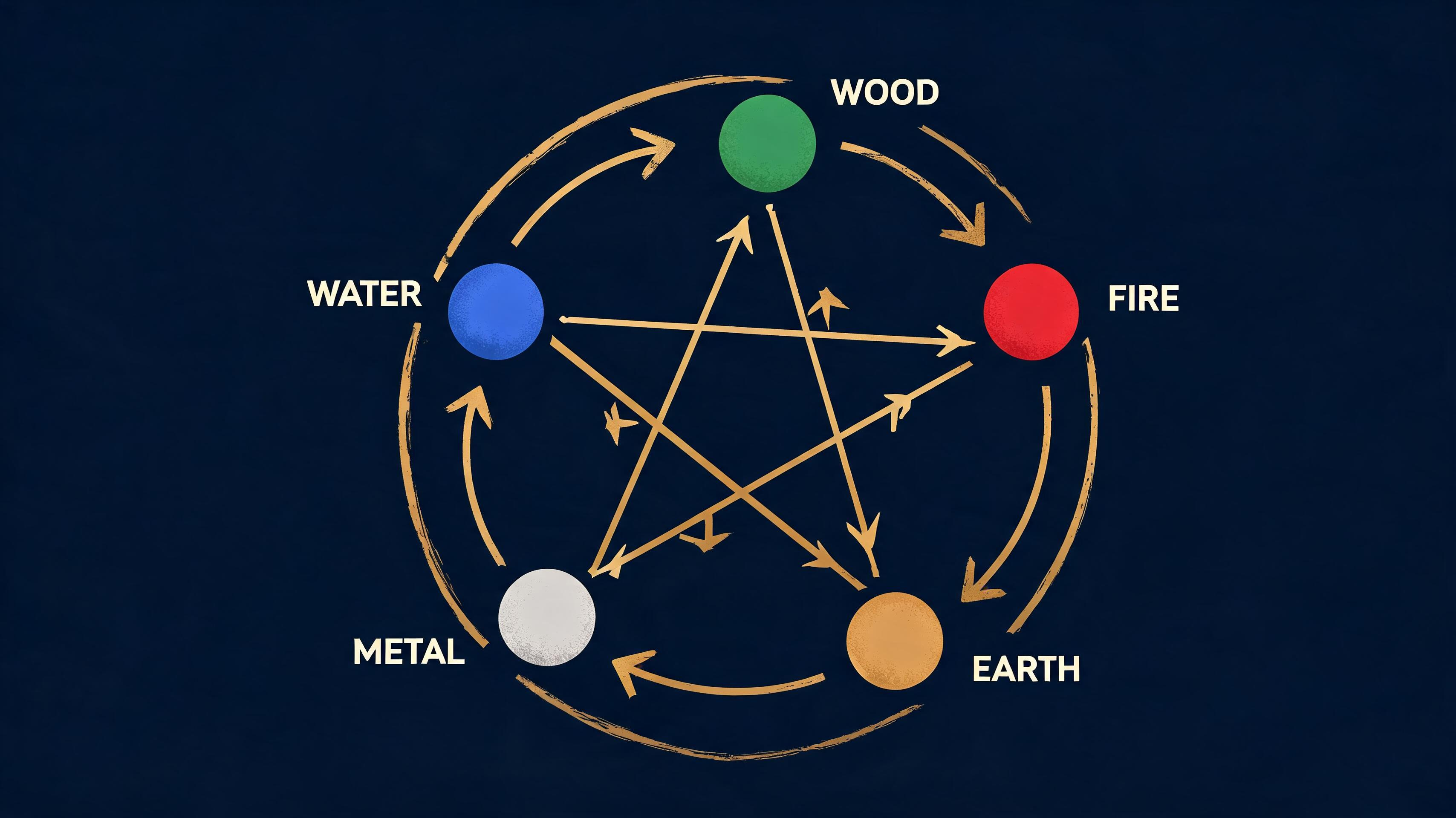 Circular diagram of the five Wu Xing elements with generation and control cycle arrows