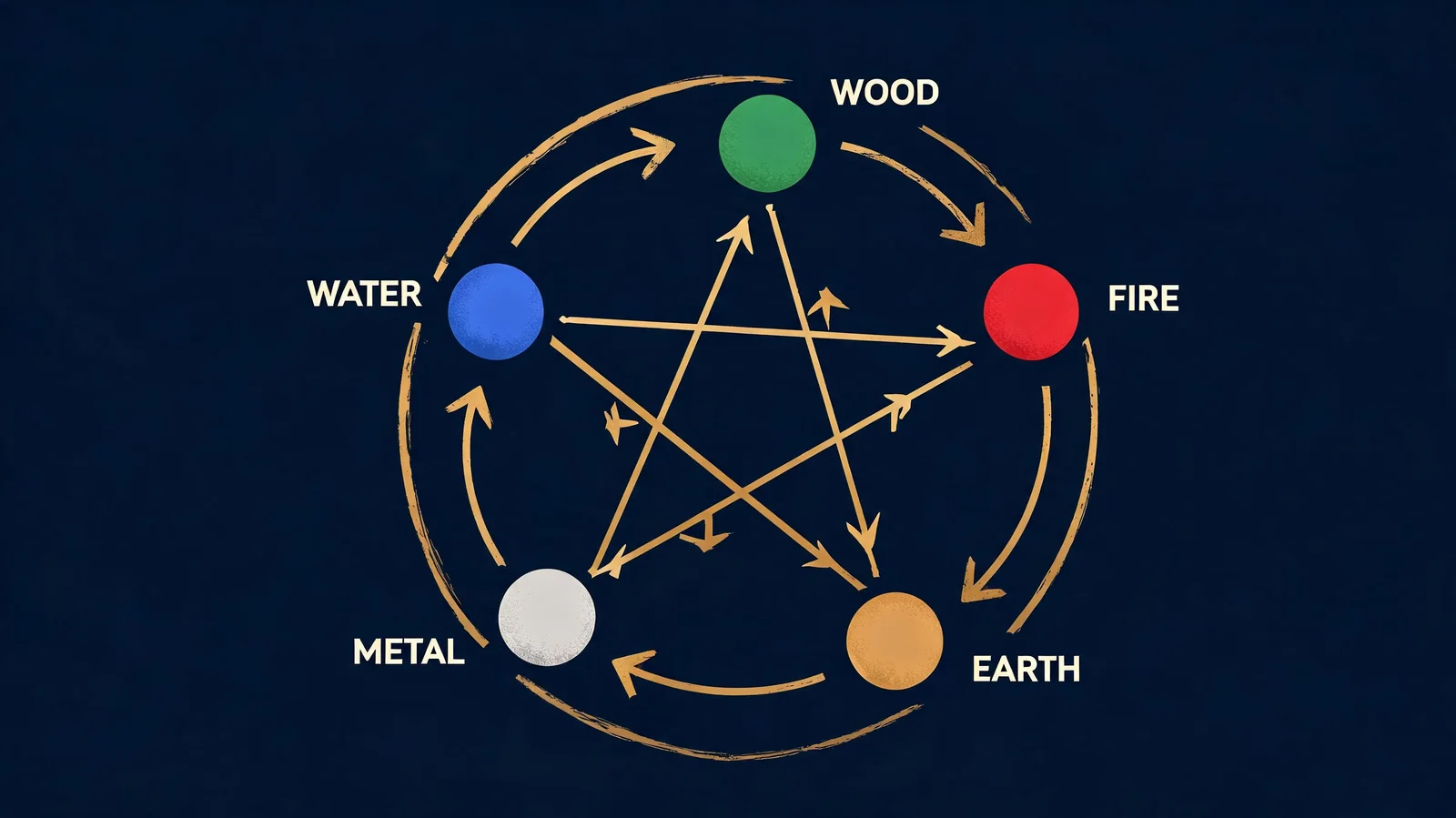 Circular diagram of the five Wu Xing elements with generation and control cycle arrows