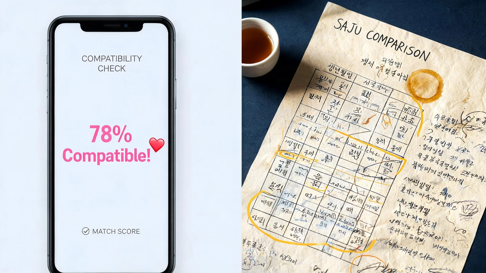Smartphone showing 78% compatibility score versus detailed handwritten saju comparison chart