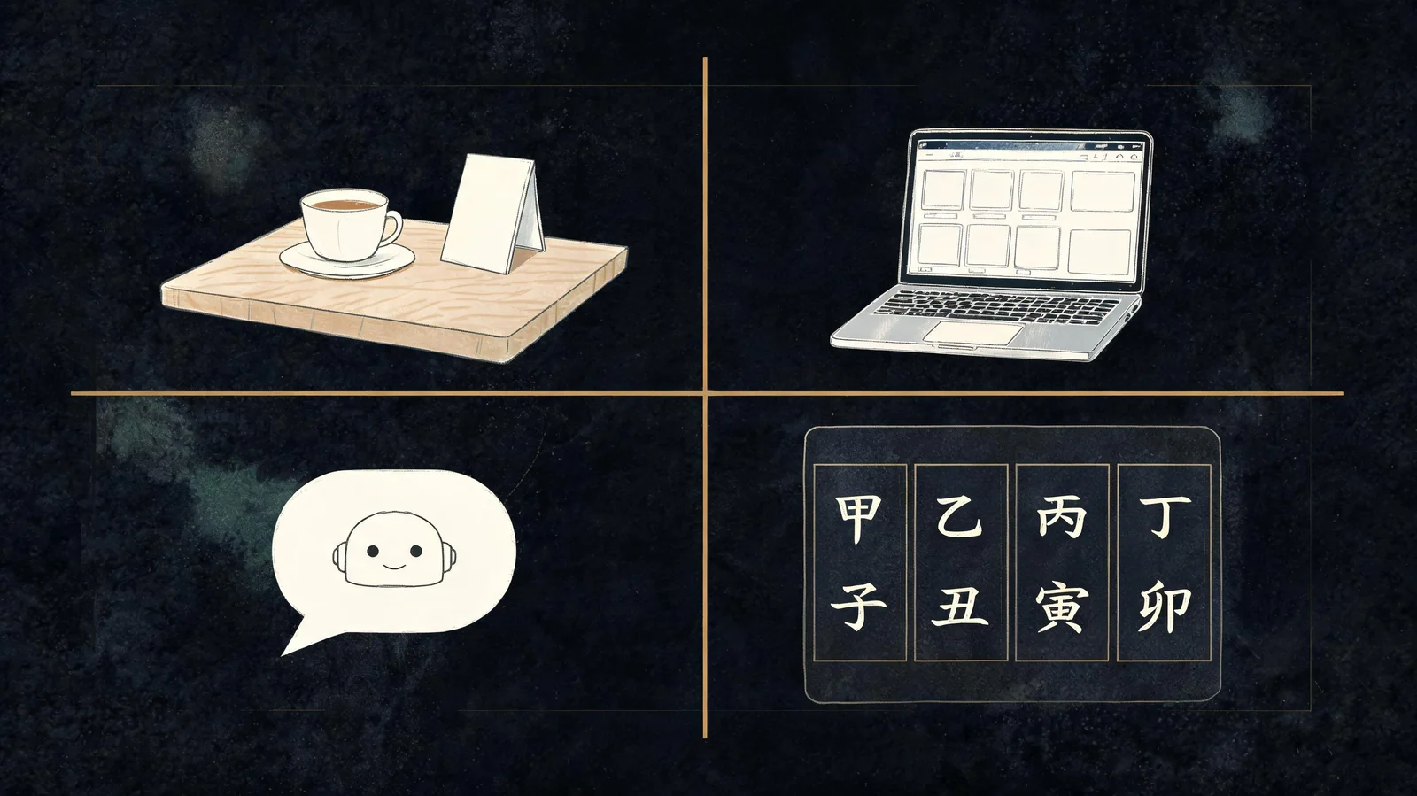 Four ways to get a saju reading: a Seoul cafe, an online marketplace, an AI chatbot, and a purpose-built chart engine