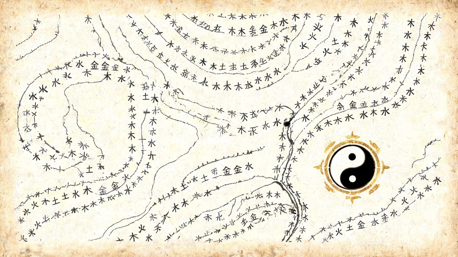 An ink-drawn map formed from the five element characters with a yin-yang compass