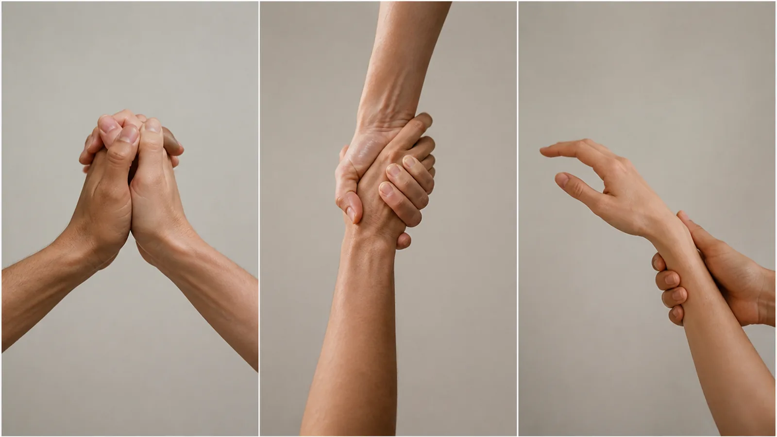 Three close-ups of hands: two clasped as equals, one pulling another upward, and one guiding another's wrist to turn