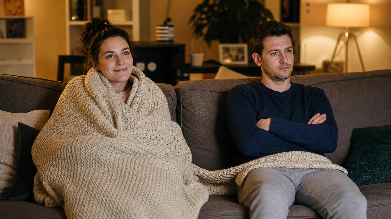 Two people sharing one blanket on a sofa, one wrapped up and comfortable while the other has only its edge across their knees