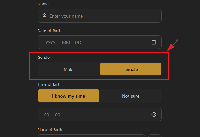 The gender field on the Qiora Saju calculator, with Male and Female as the only options