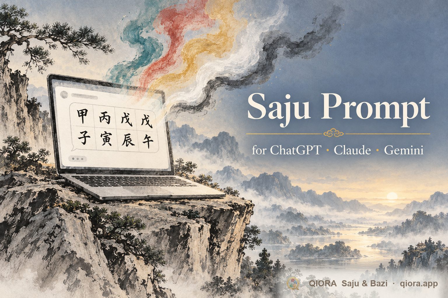 Saju prompt for ChatGPT: a laptop on a misty ink-wash cliff showing a Four Pillars chart in an AI chat