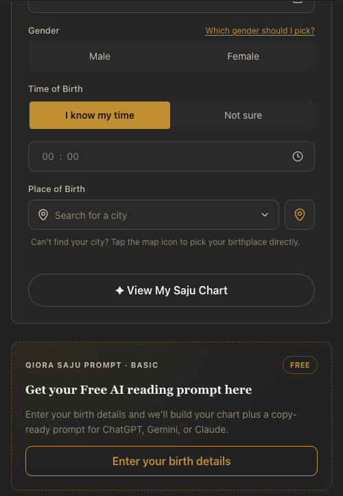 Qiora free Saju calculator screen with the free Qiora Saju Prompt Basic card