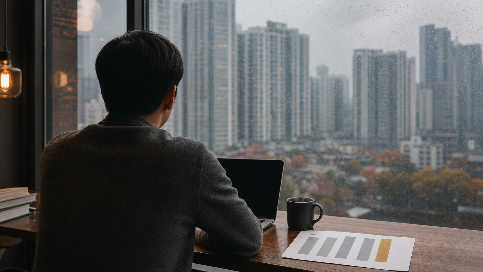 A young professional in Seoul looking out at apartment towers from a rain-spotted cafe window