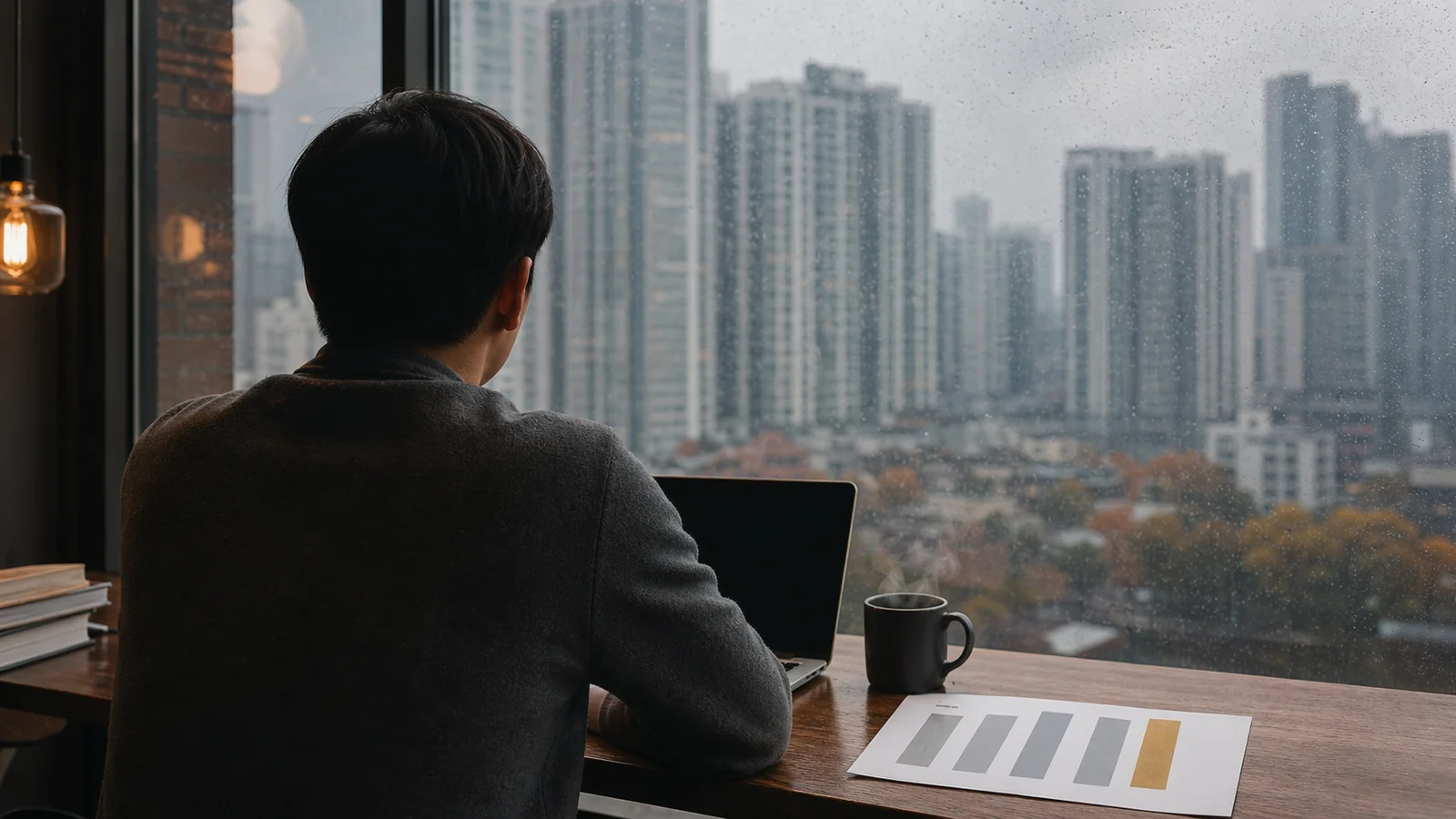 雨粒のついたカフェの窓から、ソウルの高層住宅を見つめる若い会社員