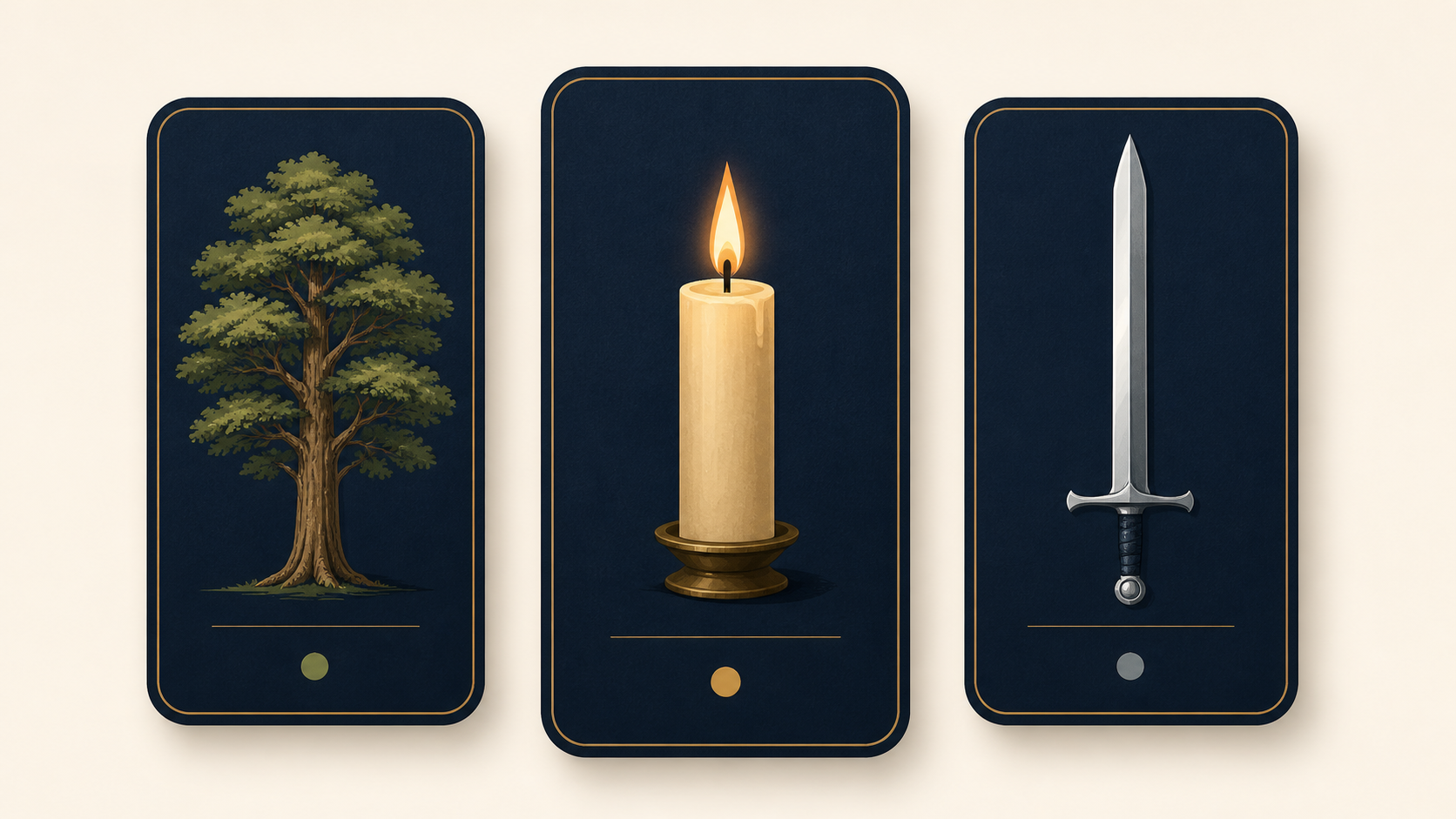 Three cards showing a tree, a candle flame and a polished sword, the images TikTok uses to type day masters