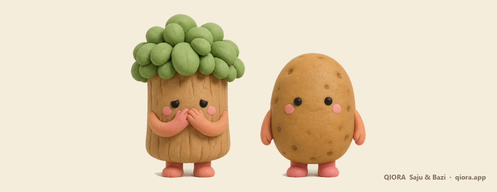 キオラ（Qiora）の恋愛四柱推命。木のキャラクター、スプリックと土のキャラクター、スパッドが並んで立つ場面
