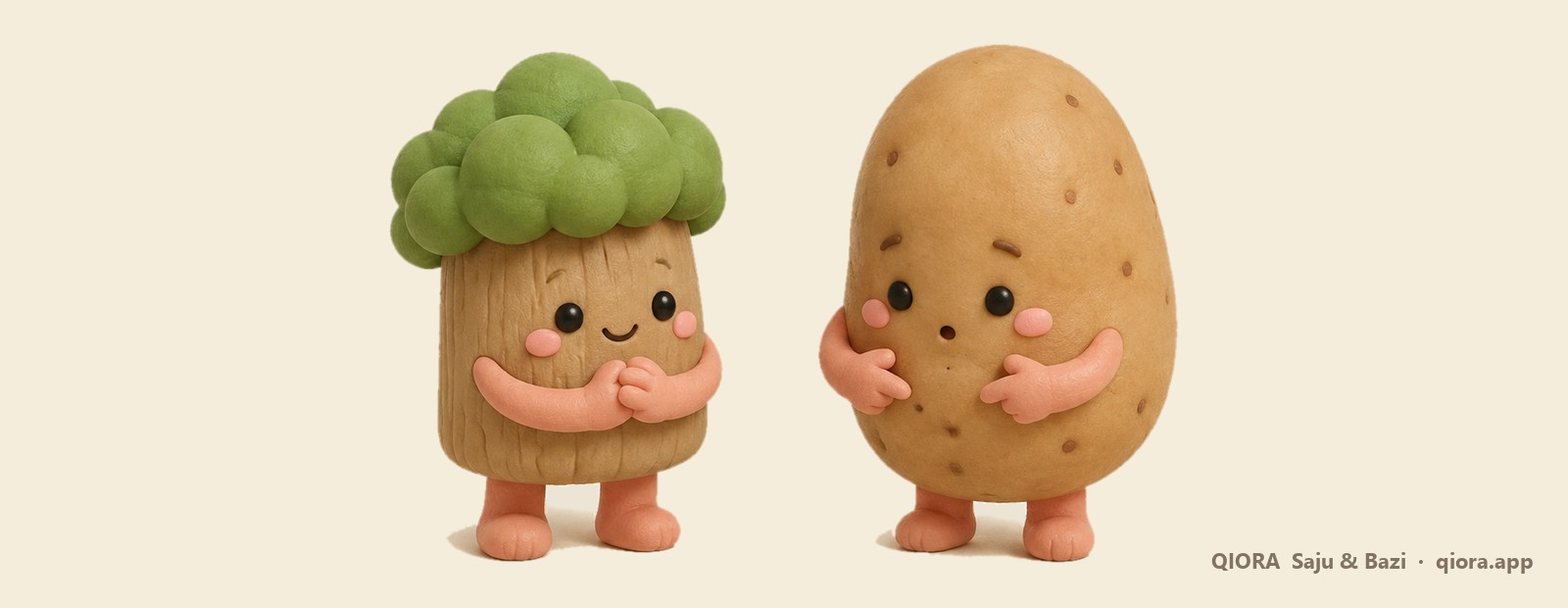 キオラの恋愛四柱推命。腕を組んで向き合う木のキャラクターと土のキャラクター
