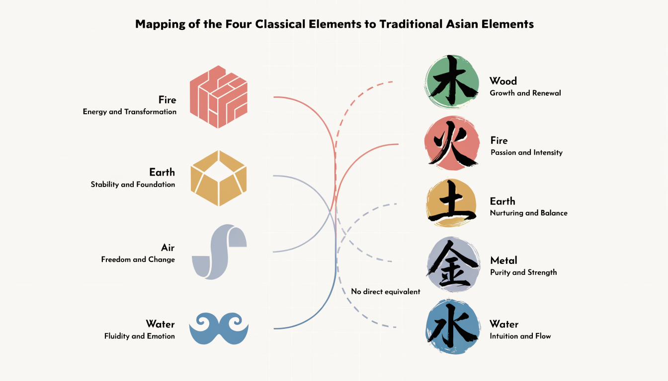 Western four elements mapped to Eastern five elements diagram