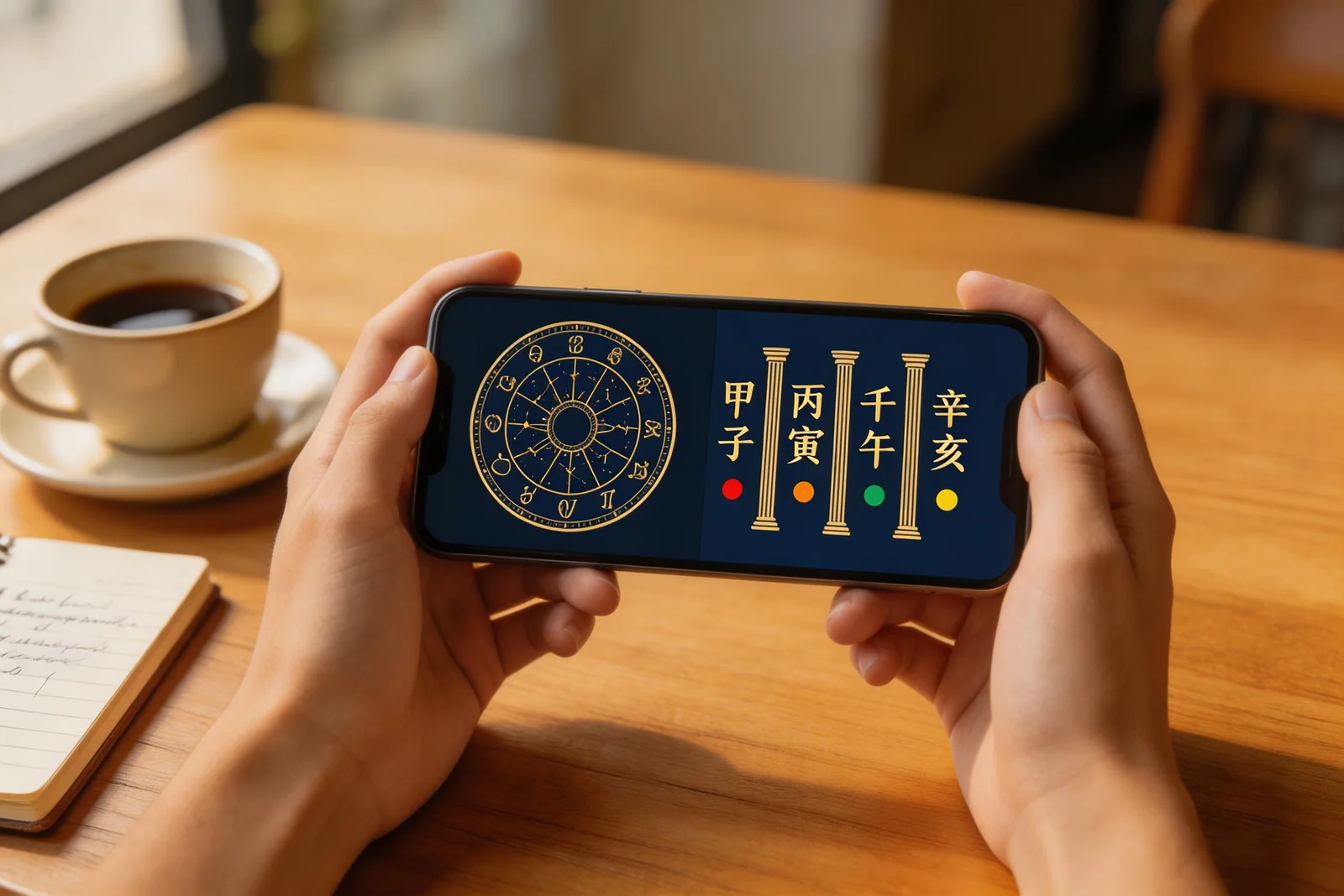Hands holding a smartphone showing zodiac wheel and saju pillars side by side