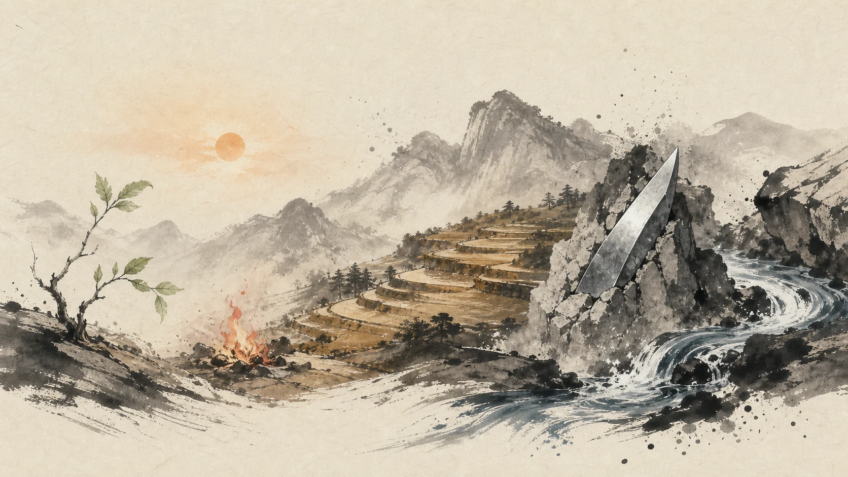 Wood, Fire, Earth, Metal, and Water moving through one ink landscape