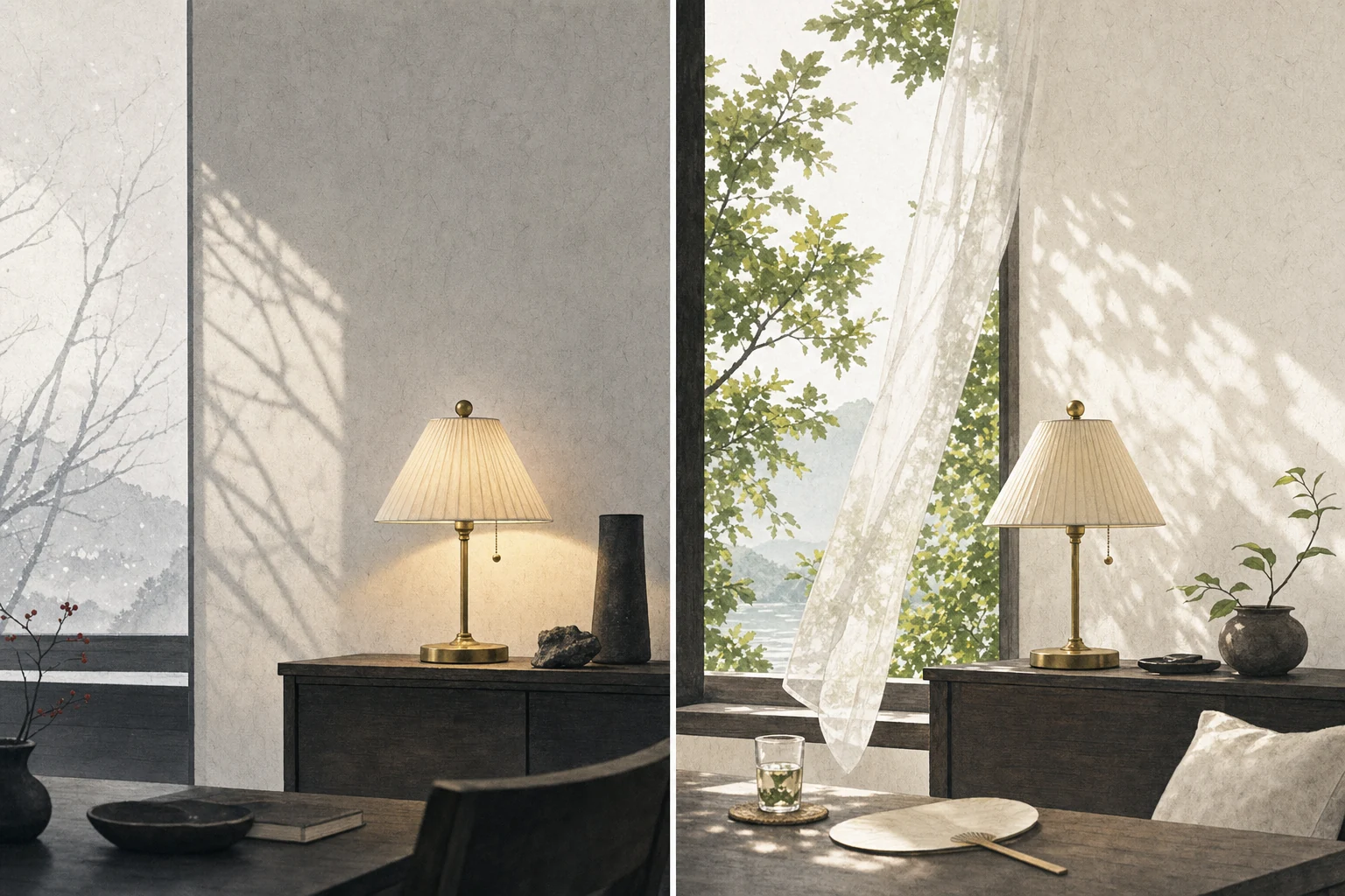 The same lamp in winter and summer rooms, showing how context changes function