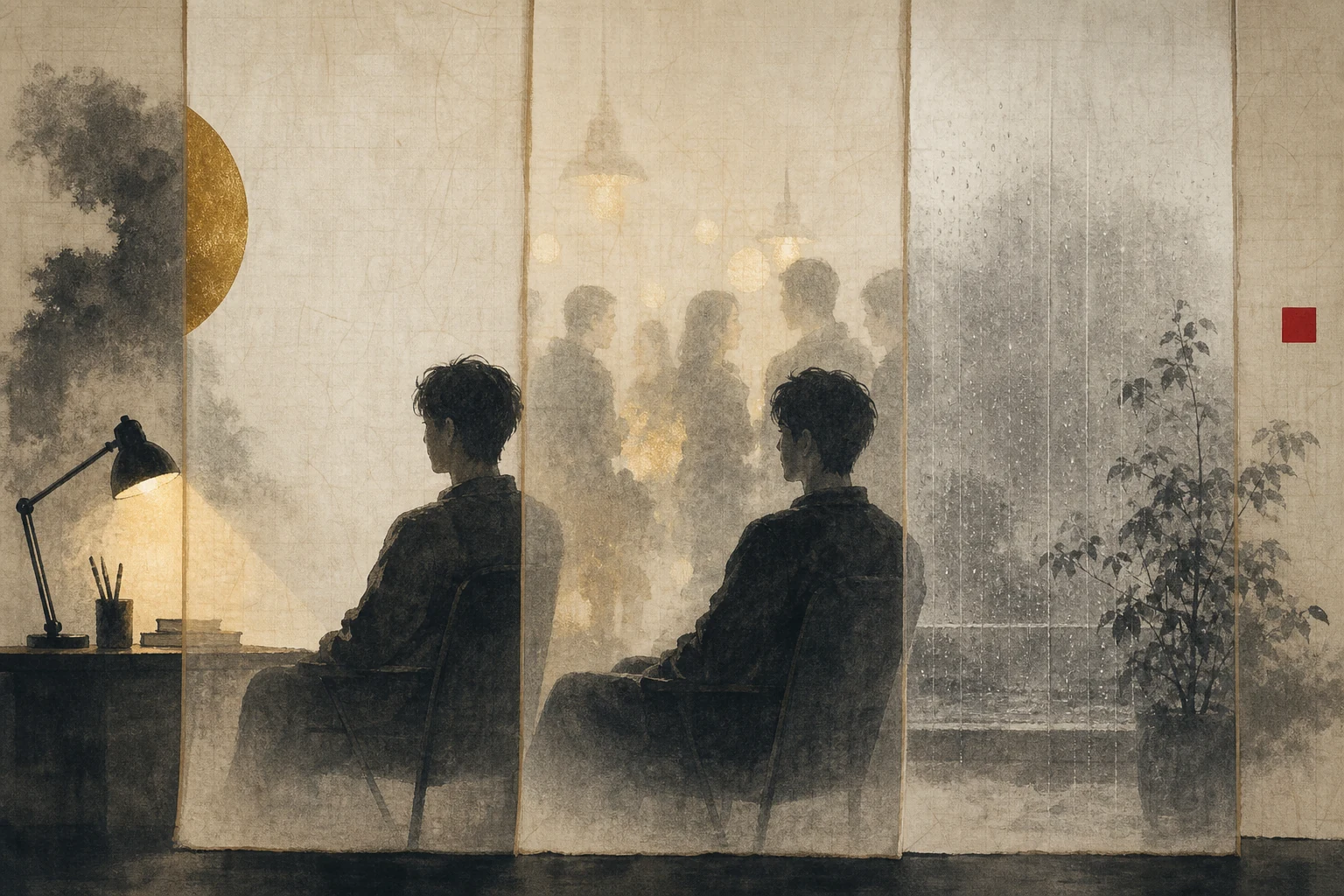 A person viewed through layered hanji screens and changing situations