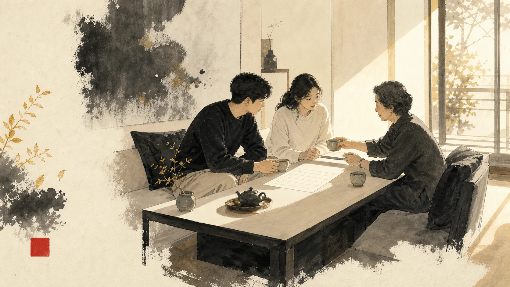 Two adults and an older relative sharing tea around an abstract chart
