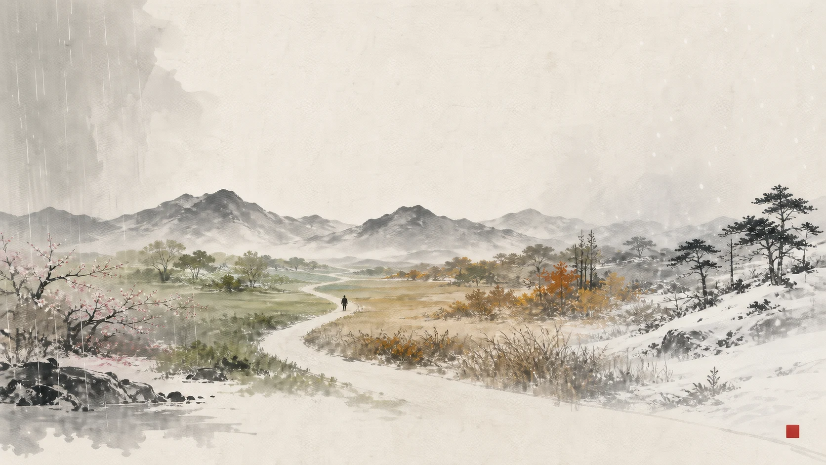 One footpath crossing spring, summer, autumn, and winter