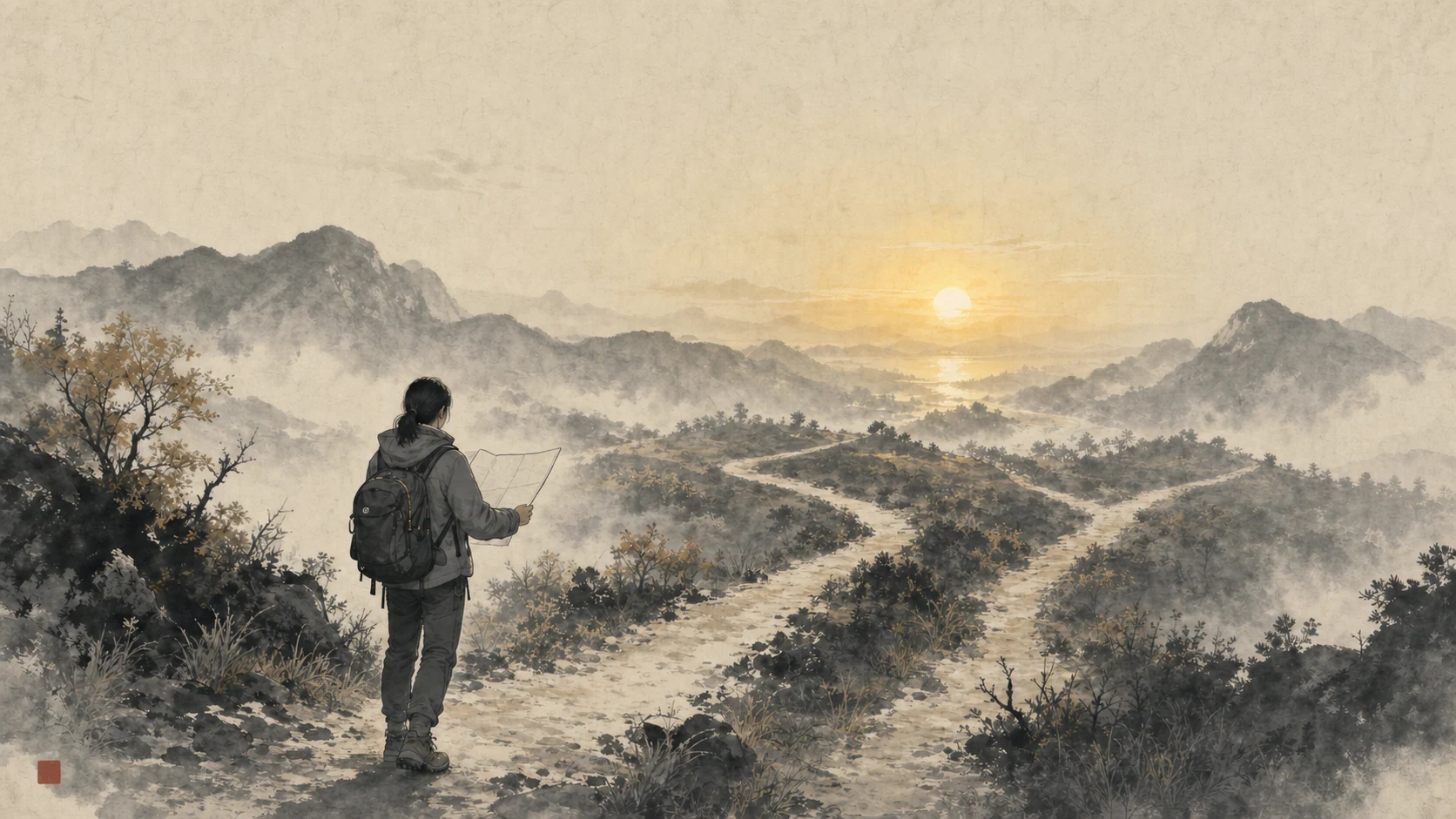 A traveler using a map where several mountain paths remain open