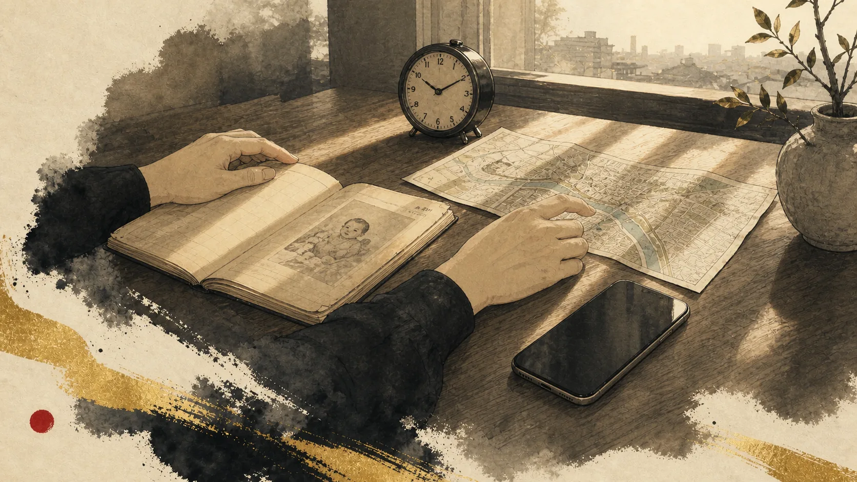A family birth record, clock, map, and phone gathered on a Seoul table at dawn