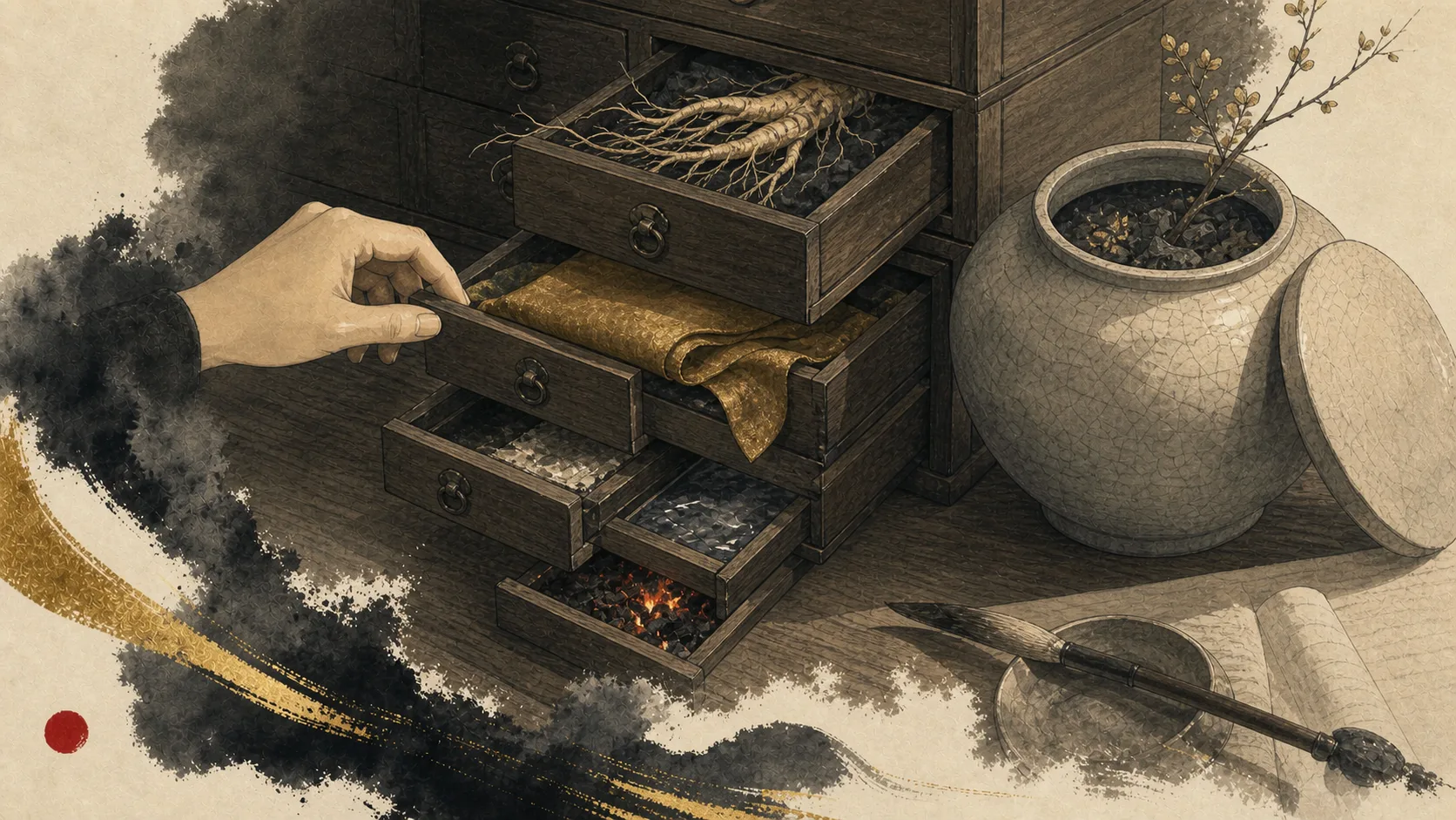 Open wooden drawers and an earthen jar revealing roots, cloth, metal, water, and embers