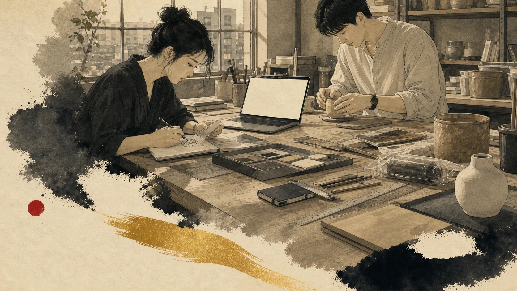 Two people combining research, design, craft, and practical work in a Seoul studio