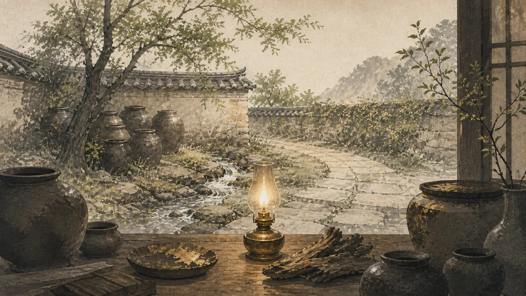 A Jeong Fire lamp among wood, earth, water, and crossing stone paths in a late-spring courtyard