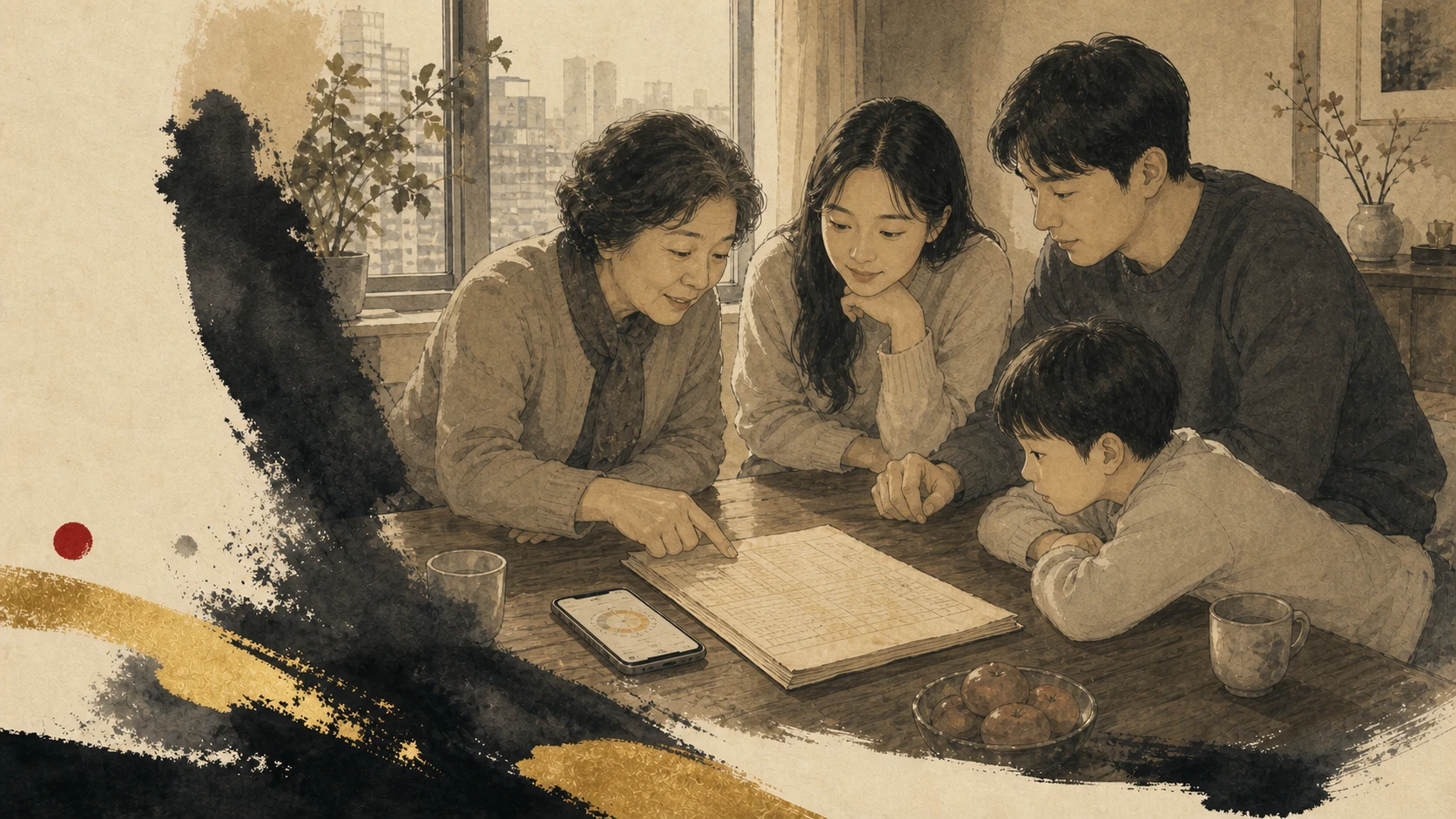 Three generations of a Korean family looking at a birth record and phone around a Seoul table