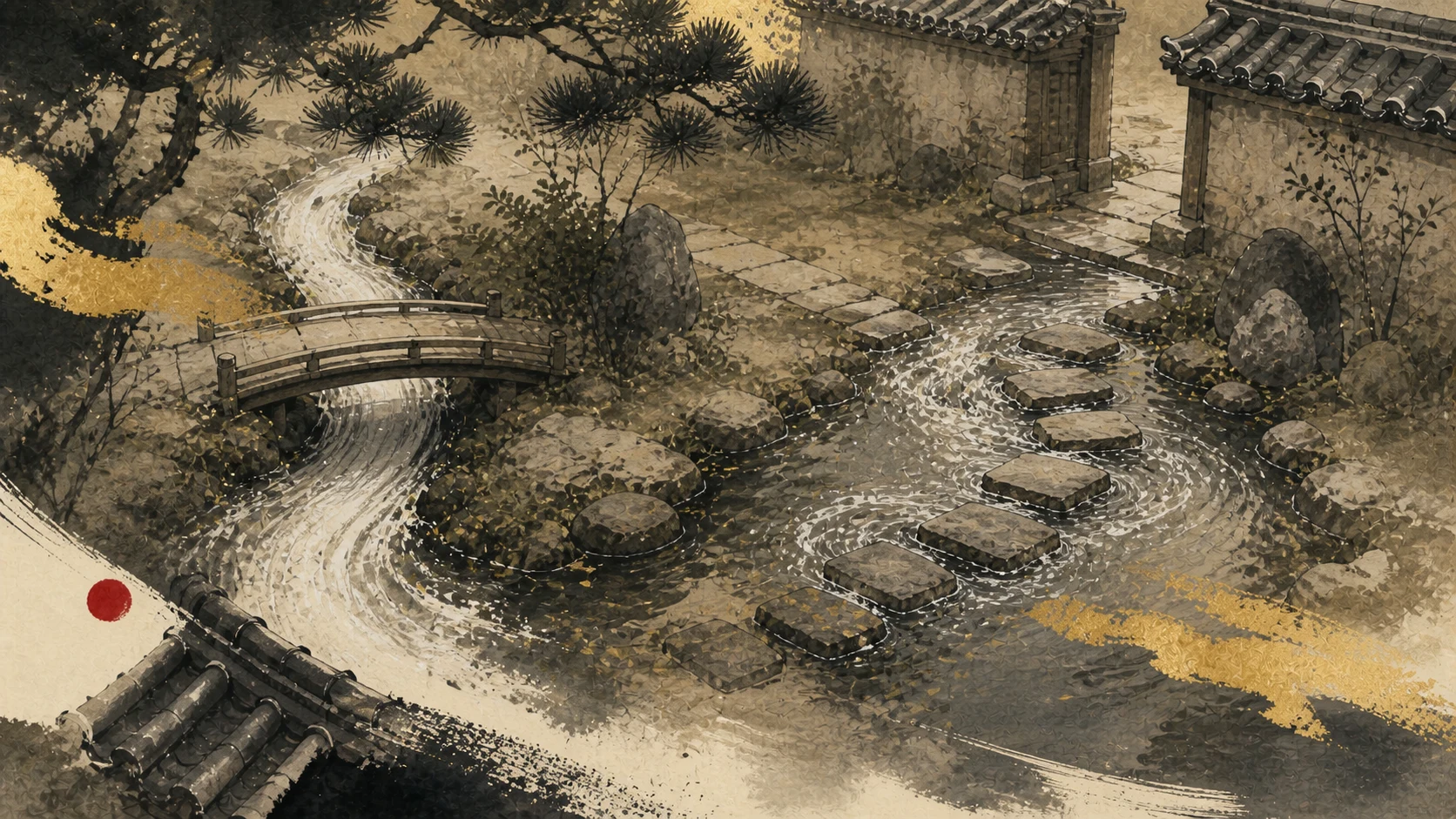 Two streams joining and crossing through a rain-washed Korean courtyard