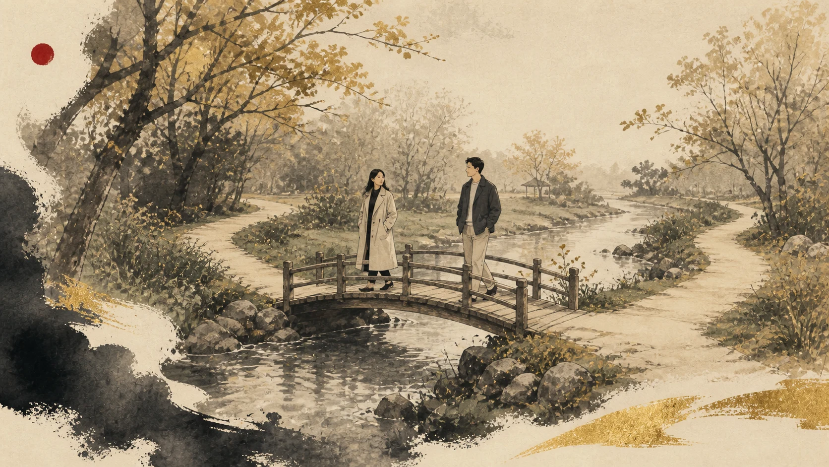 Two adults walking separate paths that meet at a wooden bridge in an autumn garden