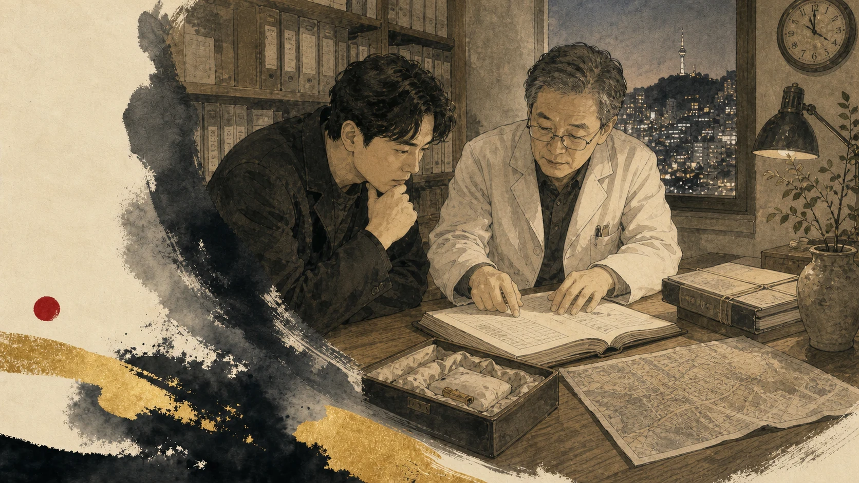 An adult and records clerk checking an archival birth register in a Seoul records room at night