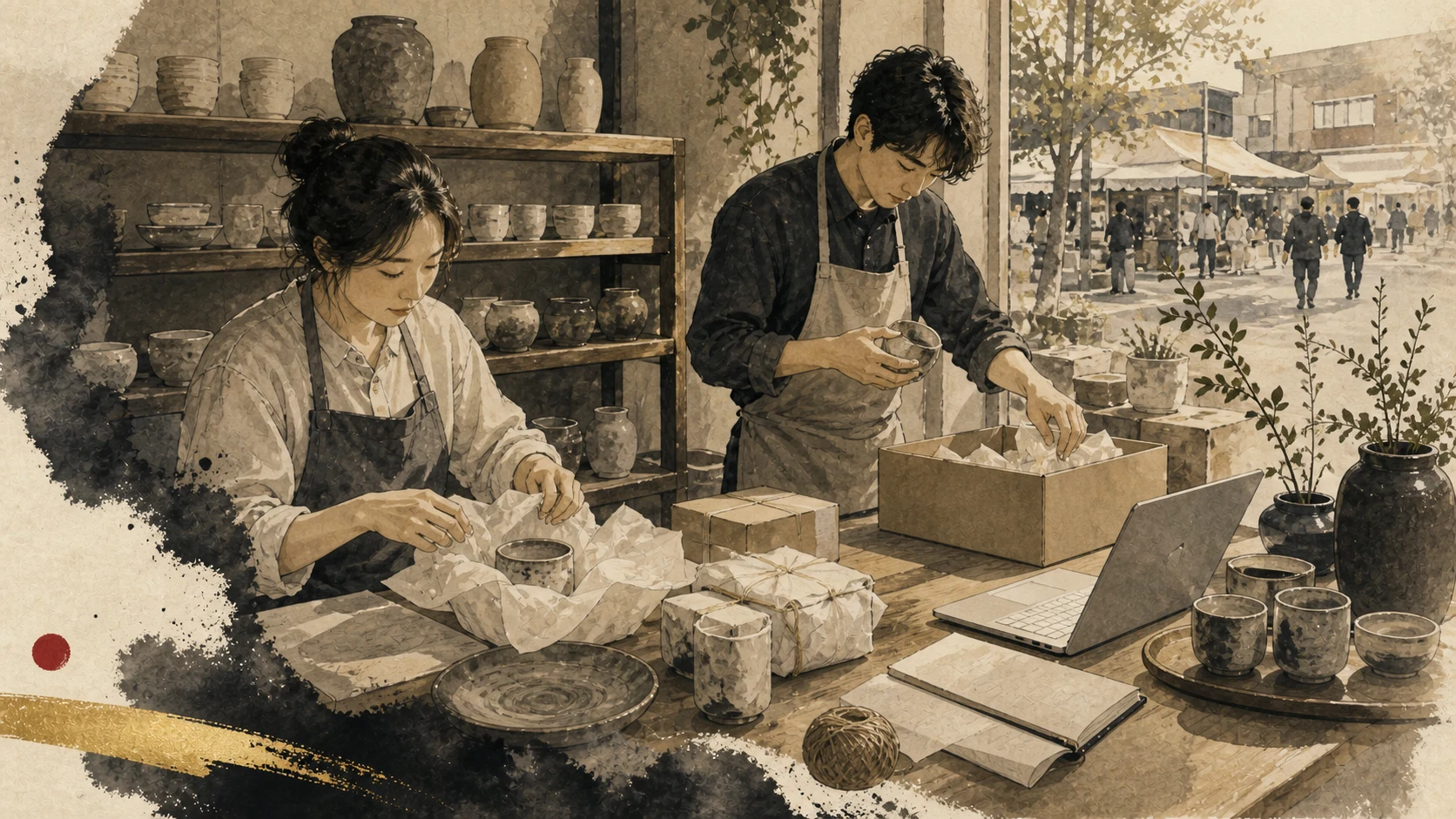 Two ceramic makers preparing finished work for customers in a Korean studio